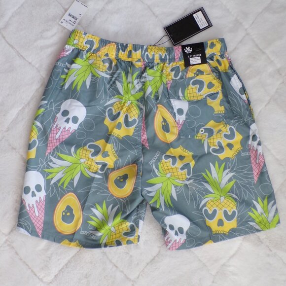 Micros Skull Pineapple Avocado Ice Cream Swim Trunks, Mesh Pockets Drawstring - Picture 2 of 11